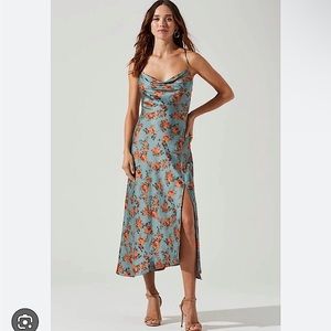 ASTR the label [XS] Gaia Floral Midi Satin Slip Dress in teal/rust NWT